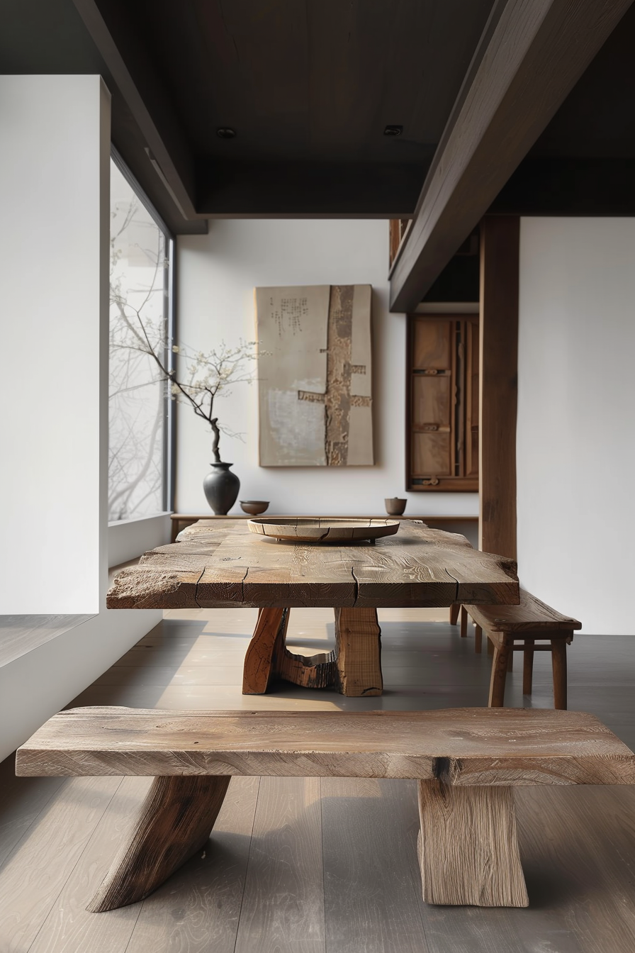 A minimalist interior with a rustic wooden table and bench, traditional Asian artwork, and a vase with a delicate branch.