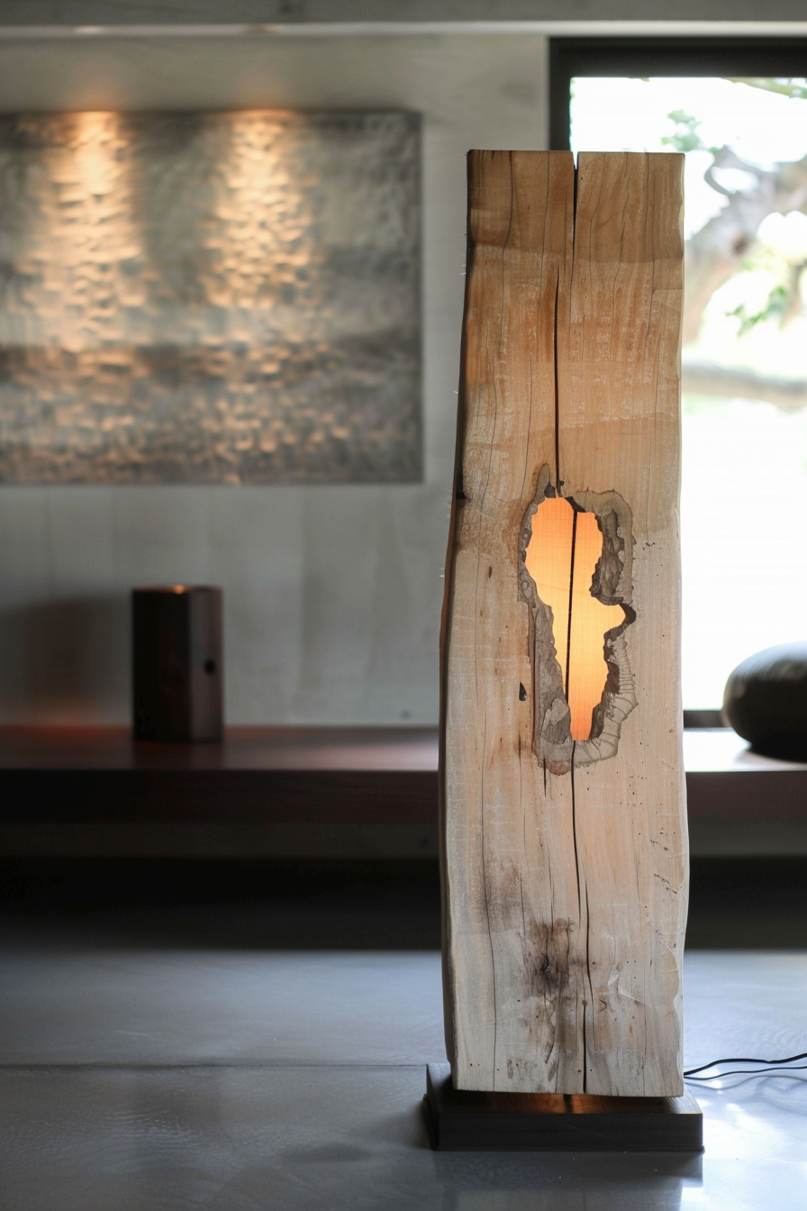 A wooden sculpture with a natural hole lit from behind, standing indoors with blurred art in the background.