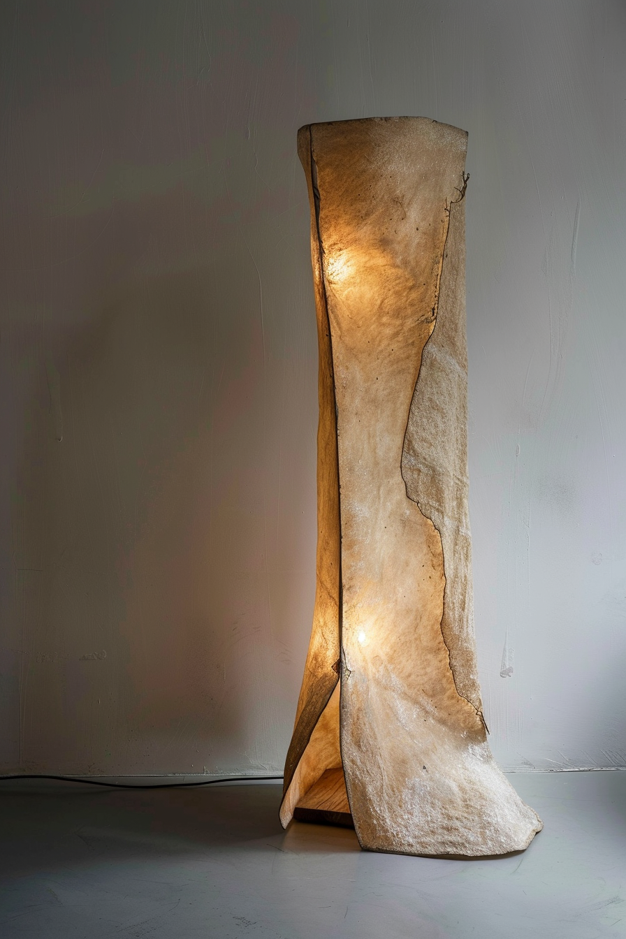 "Artistic floor lamp made from a large, curved, translucent sheet creating a warm, ambient light against a plain wall."