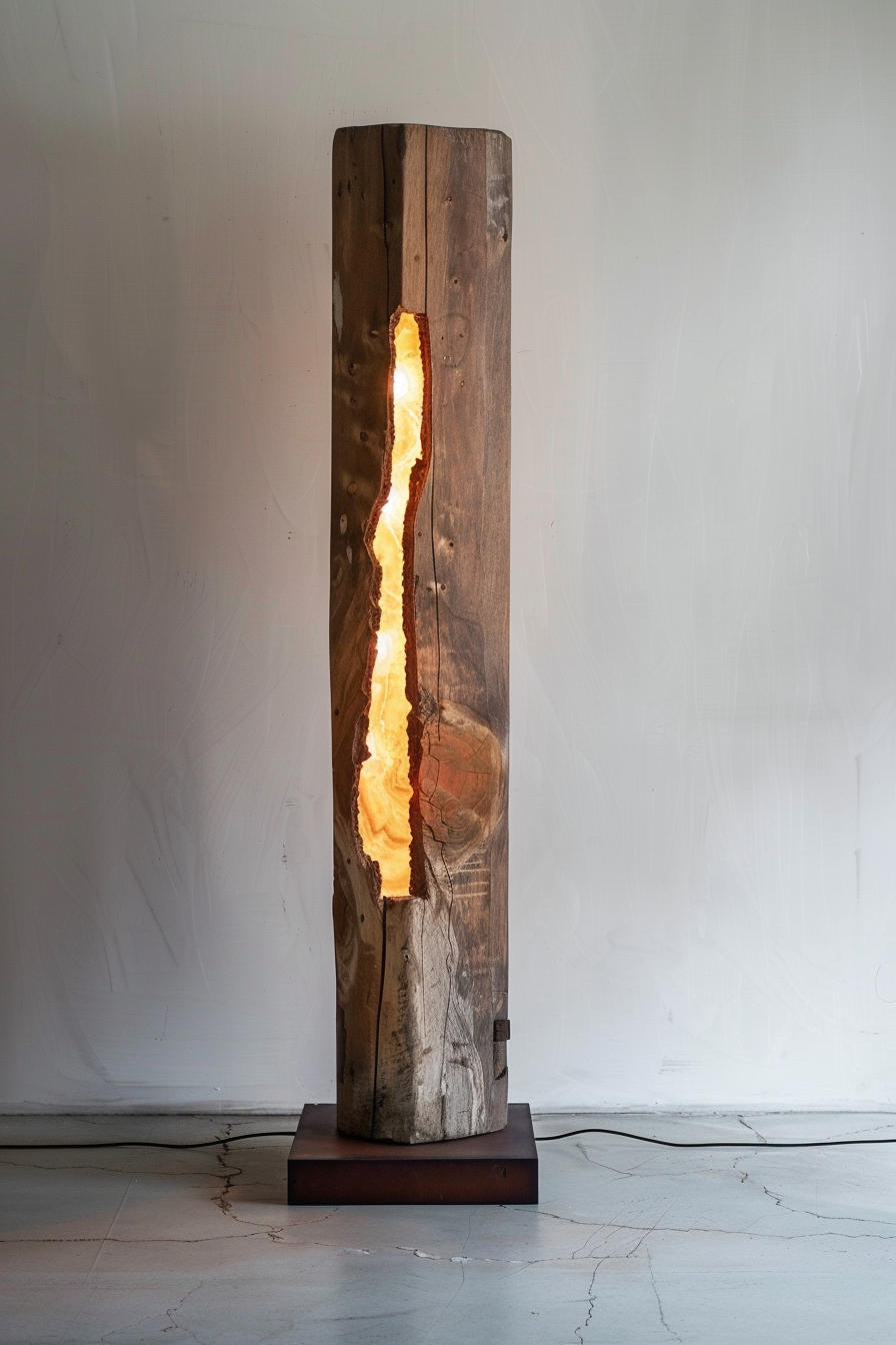 A rustic wooden lamp with a glowing split stands on a brown base against a white wall, creating a warm ambience.