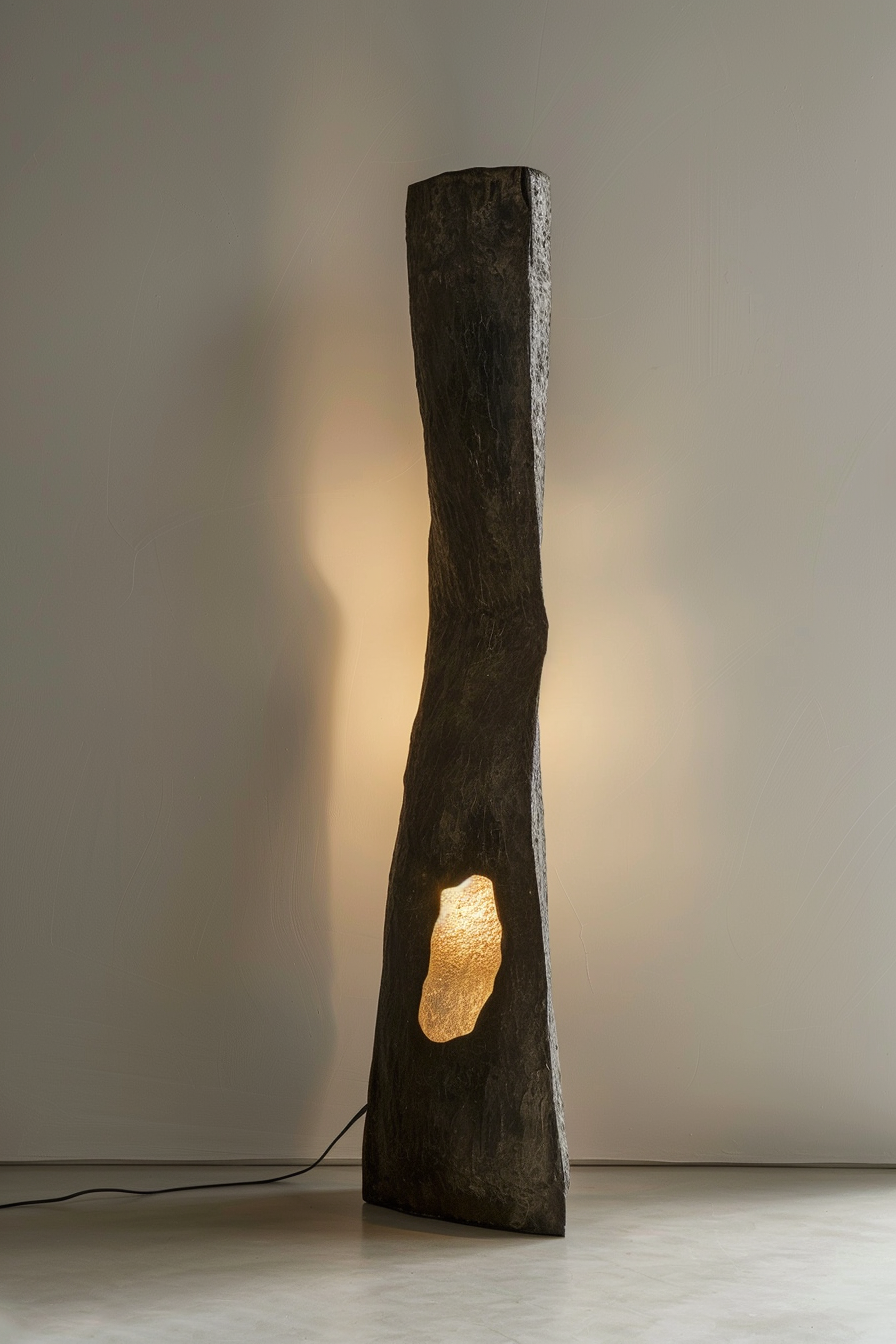 A unique floor lamp that resembles a hollowed-out, textured tree trunk with a warm light glowing from an oval-shaped opening.