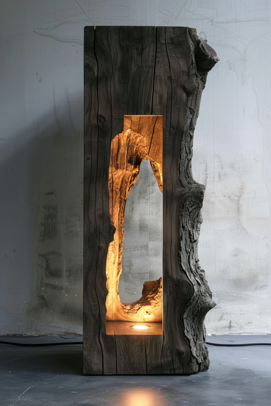 A wooden sculpture with an illuminated hollow section casting a warm glow on the floor, set against an industrial backdrop.