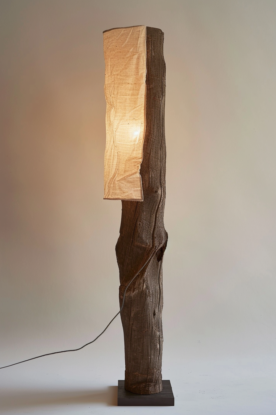 A rustic wooden floor lamp with a carved out section showcasing a warm light, standing on a simple base with cord extending out.