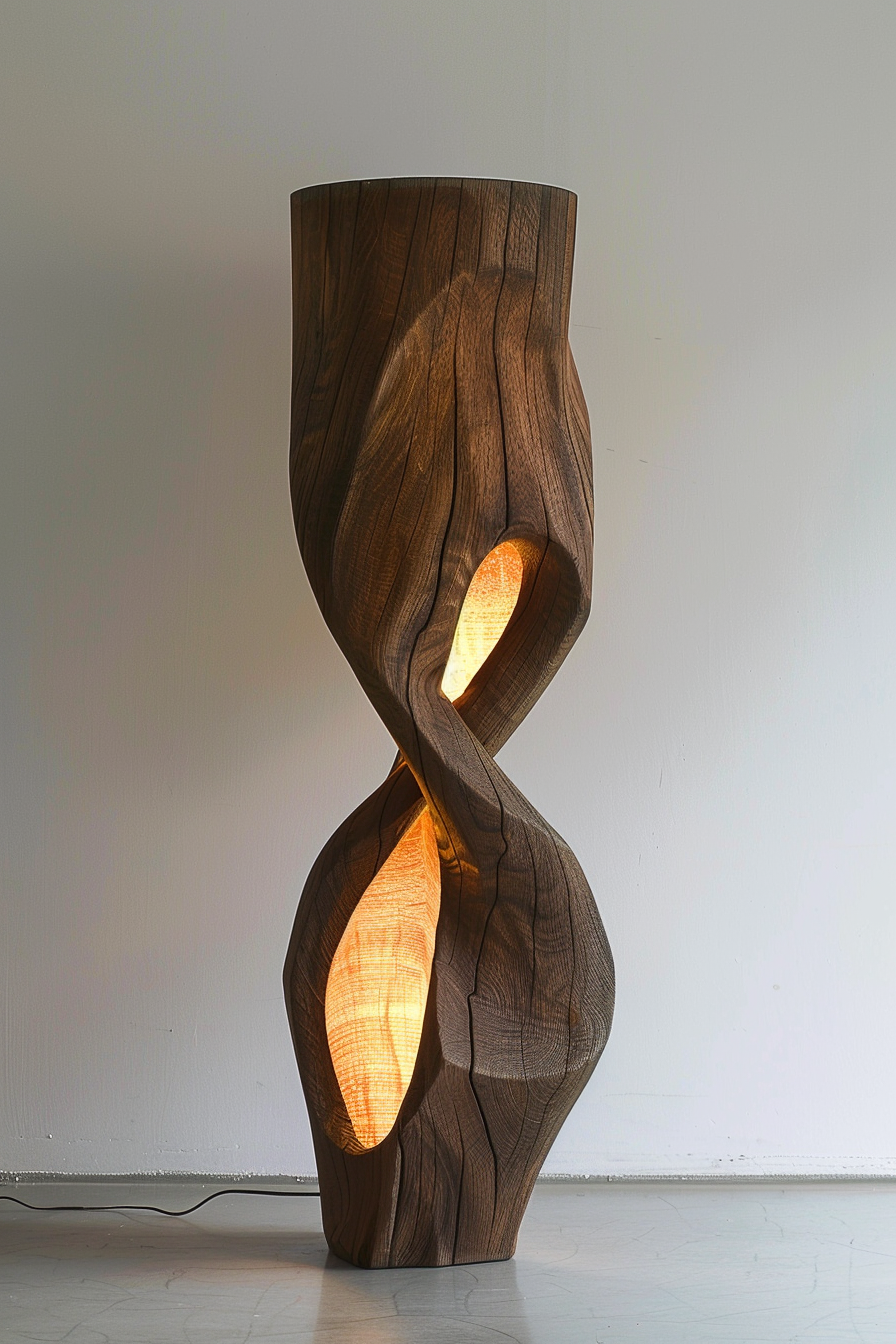 A twisted wooden floor lamp with internal lights casting a warm glow, set against a neutral background.