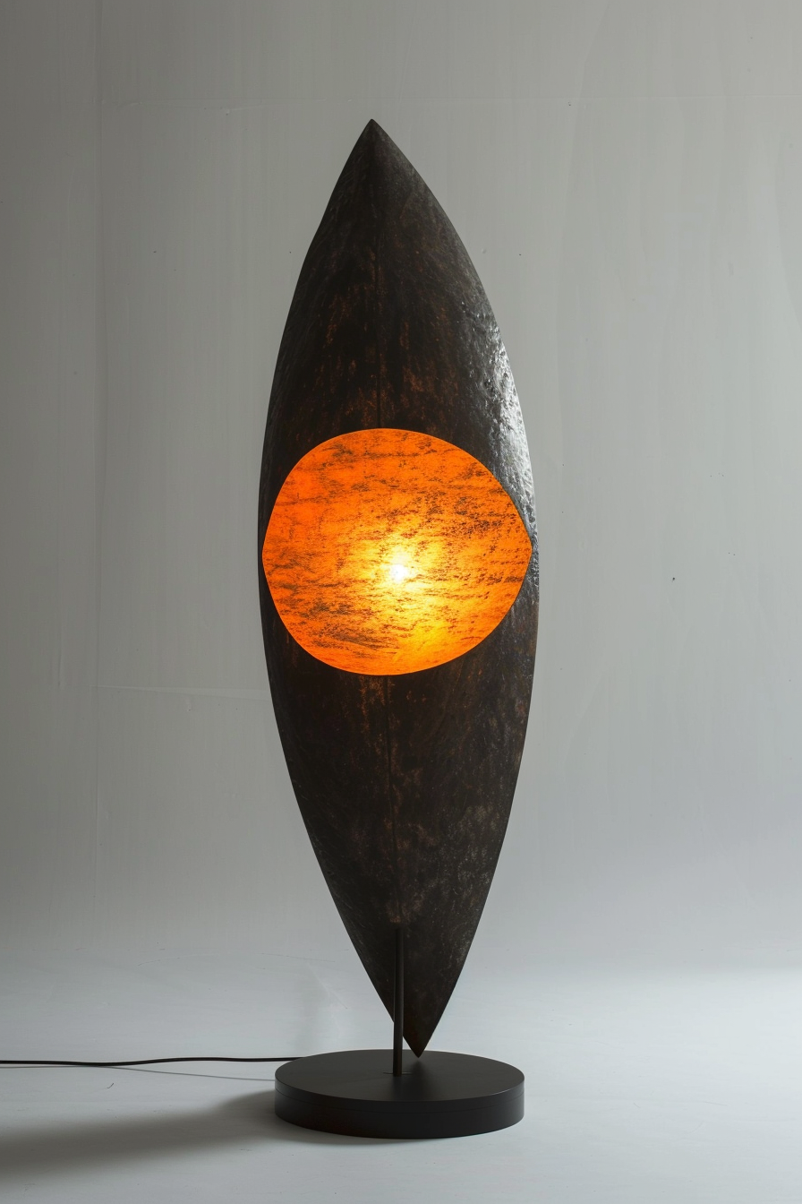 An artistic floor lamp with a dark, leaf-shaped body and a luminous, orange circular center, simulating a glowing sun, on a circular base.