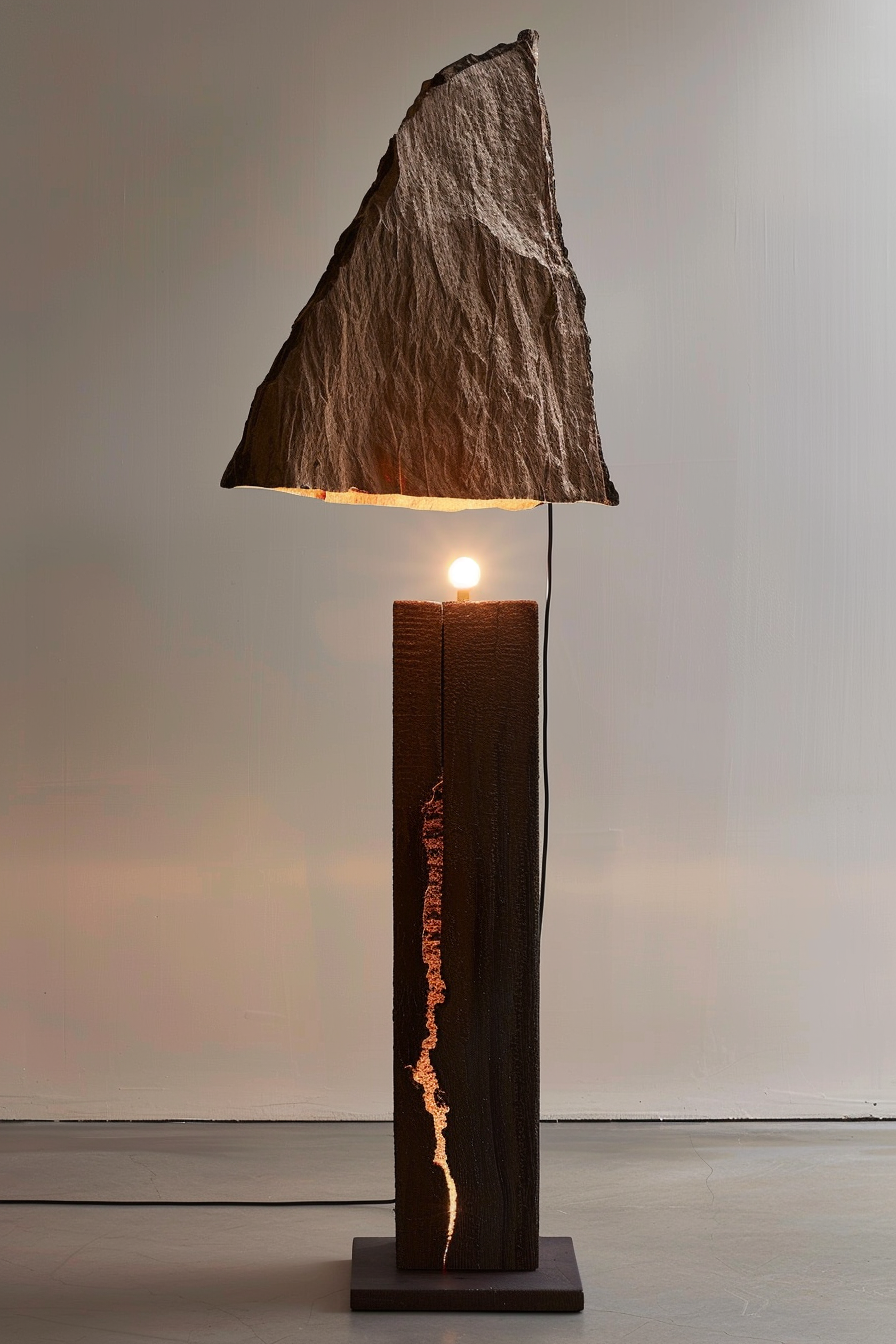 A unique floor lamp with a rustic, textured shade atop a tall, dark wooden base, illuminated from within against a neutral background.