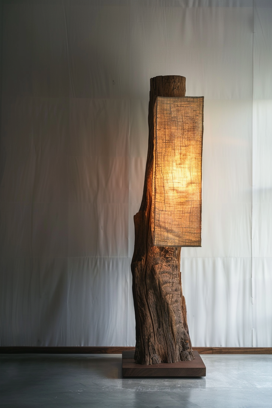 A unique floor lamp crafted from a rustic tree trunk with a lit, rectangular textile shade, set against a white curtain backdrop.