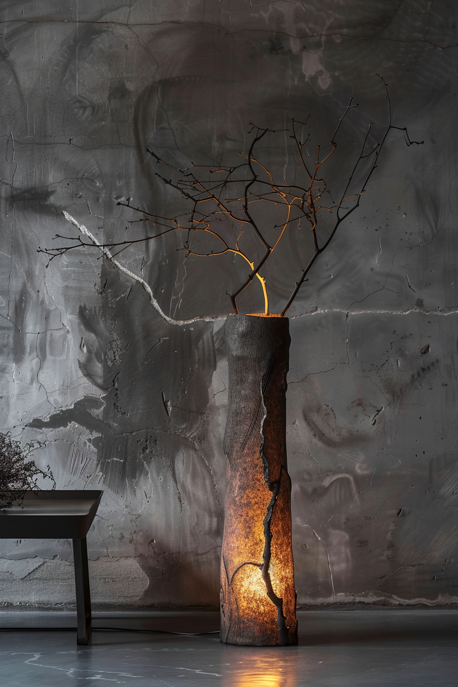 Rustic floor lamp resembling a hollow tree trunk with a light inside and bare branches extending from the top, against a textured gray wall.