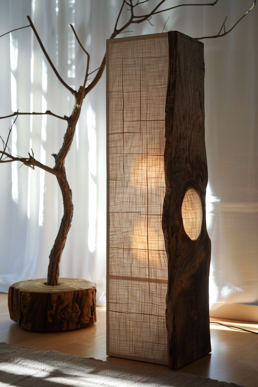 Rustic wooden floor lamp with light shining through fabric shade, next to a branch and a wooden stool, with sheer curtains in background.