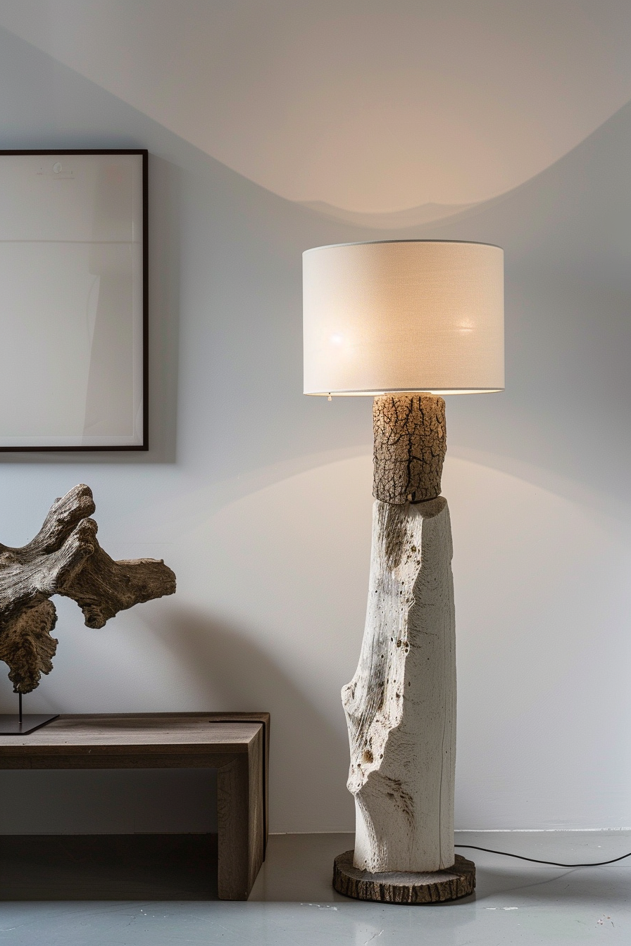 A unique floor lamp with a driftwood base, cylindrical shade, casting a soft light in a room with minimalistic decor.