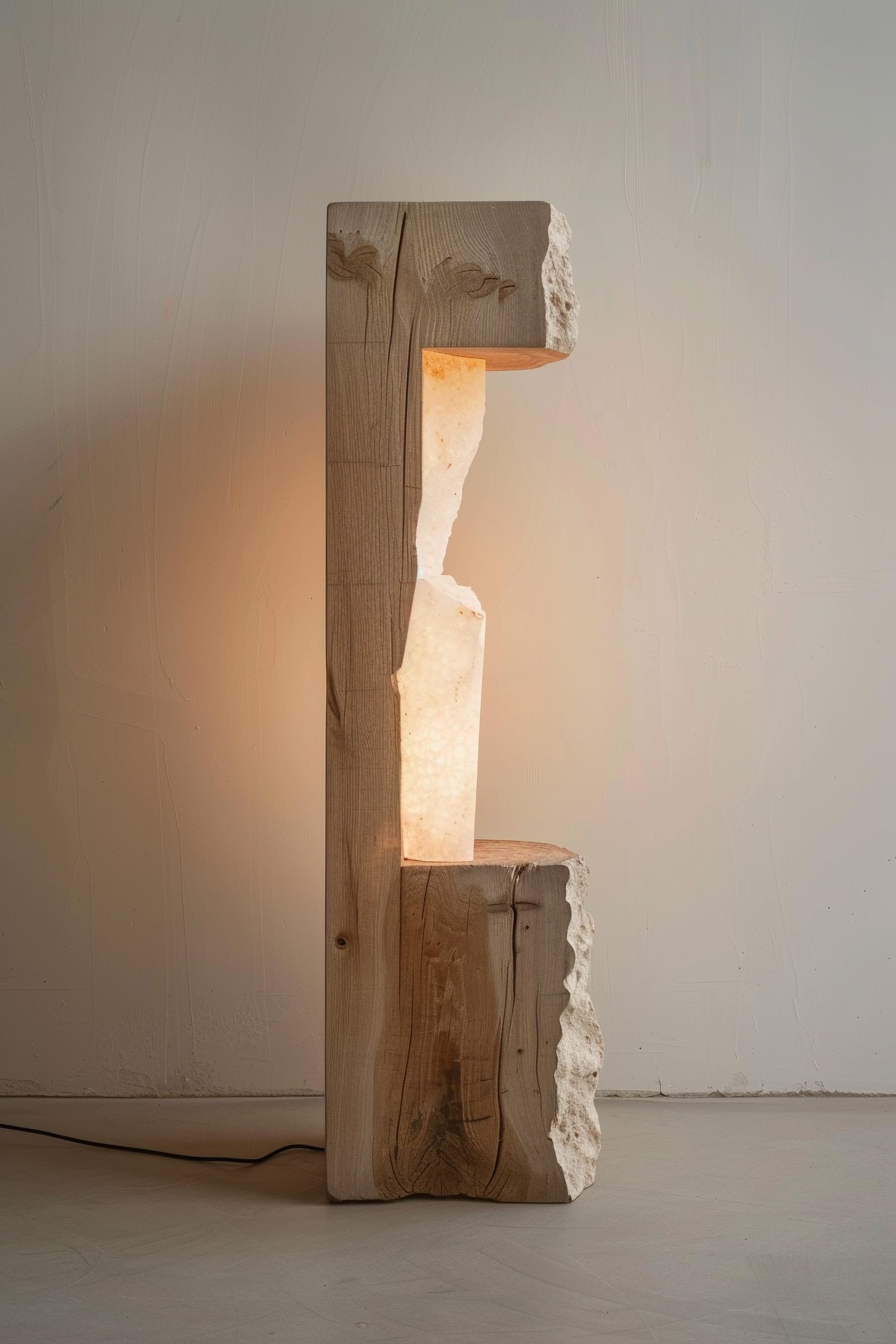 ALT text: "A wooden sculpture with an illuminated stone-like insert, creating a striking fusion of natural materials and light."
