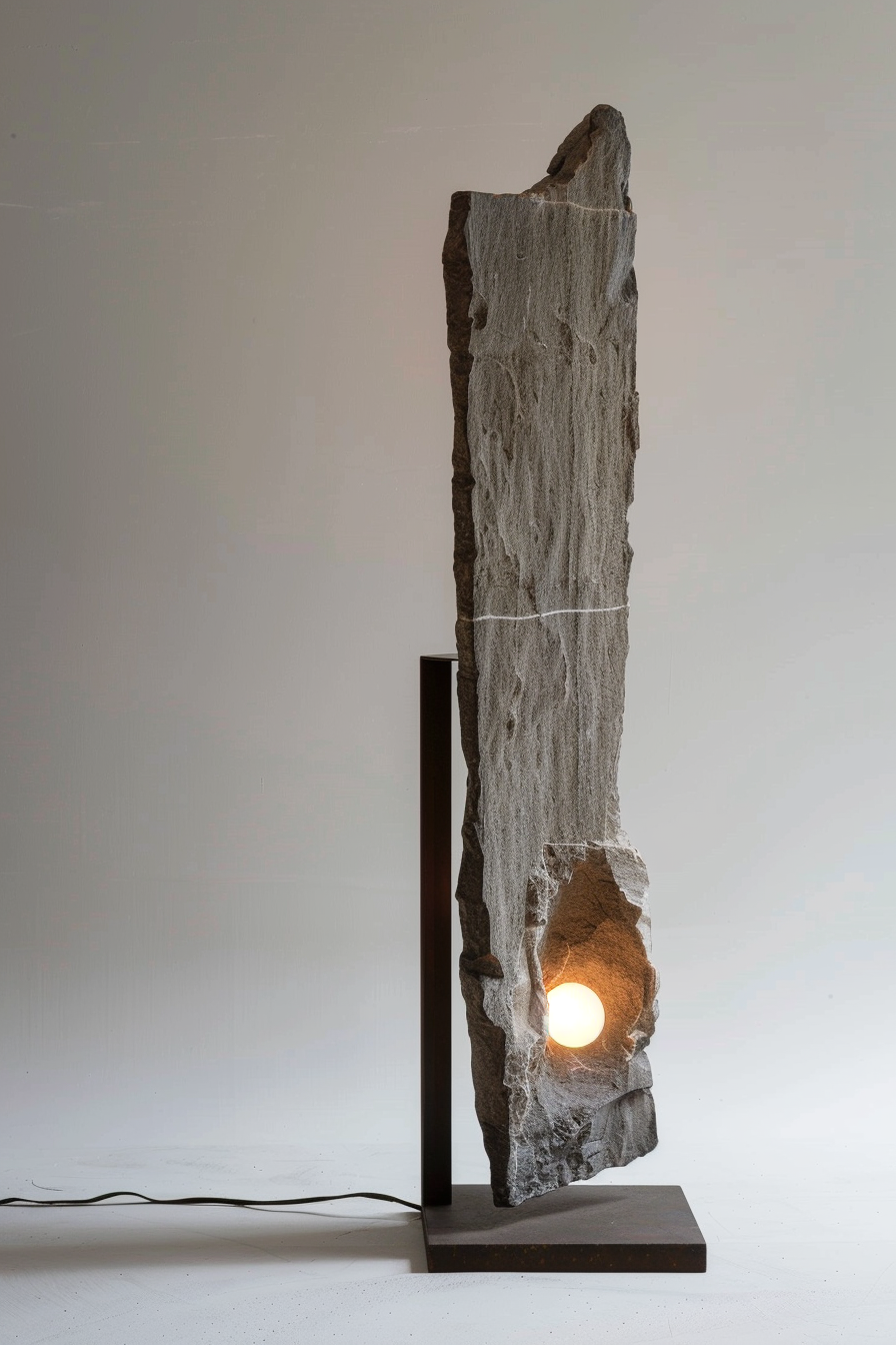 A modern floor lamp made from a vertical, rough stone slab with a glowing orb light nestled in a carved-out section, on a simple base.
