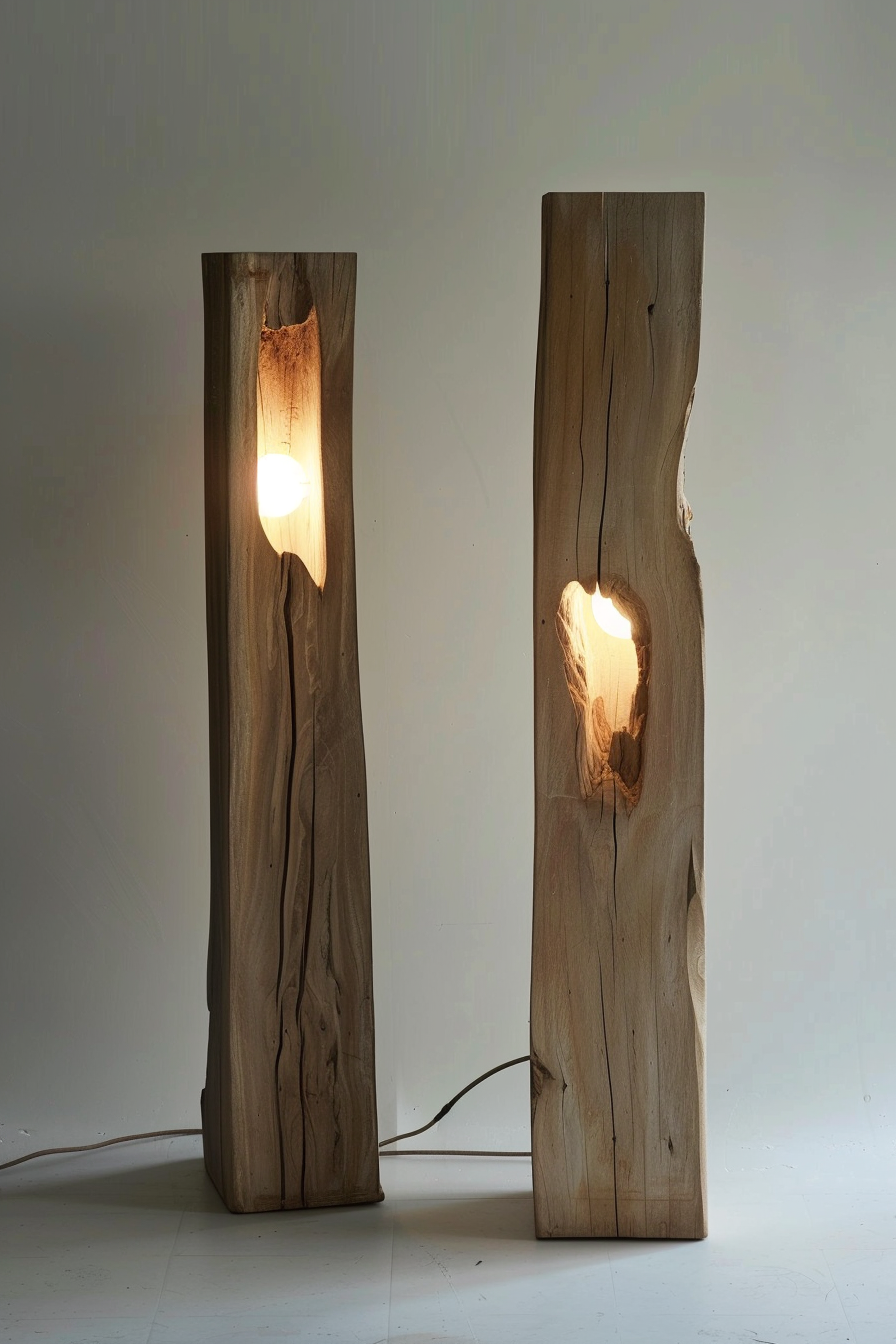 Two wooden floor lamps with glowing bulbs visible through organic-shaped cutouts, set against a plain backdrop.