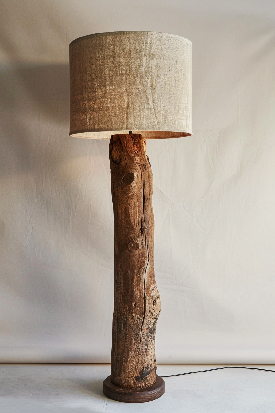 ALT: Rustic floor lamp with a natural wooden base and a beige fabric shade, set against a neutral background.