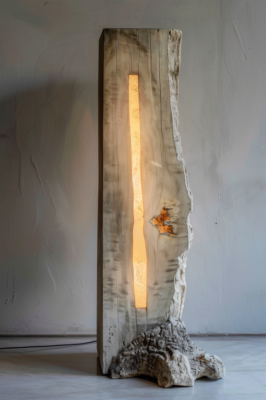 Alt text: A unique, tall wooden lamp with a rough, natural base stands against a gray wall, glowing warmly from a vertical slit.
