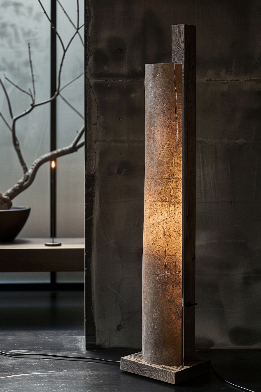 Alt: An elegantly rustic floor lamp with a glowing, translucent core and a dark wooden frame, set in a dim room with minimalist decor.