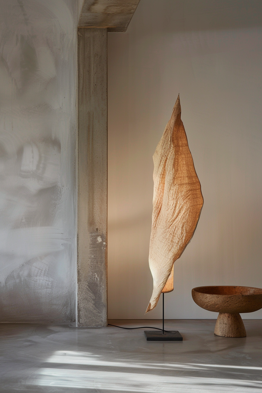 Alt text: A leaf-shaped floor lamp casts a warm light beside a wooden bowl in a room with concrete pillars and textured walls.