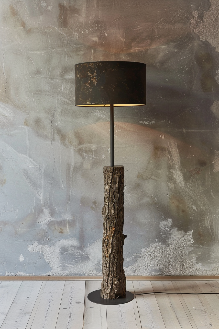Floor lamp with a rustic tree trunk base and dark lampshade standing on a white wooden floor against a textured wall.