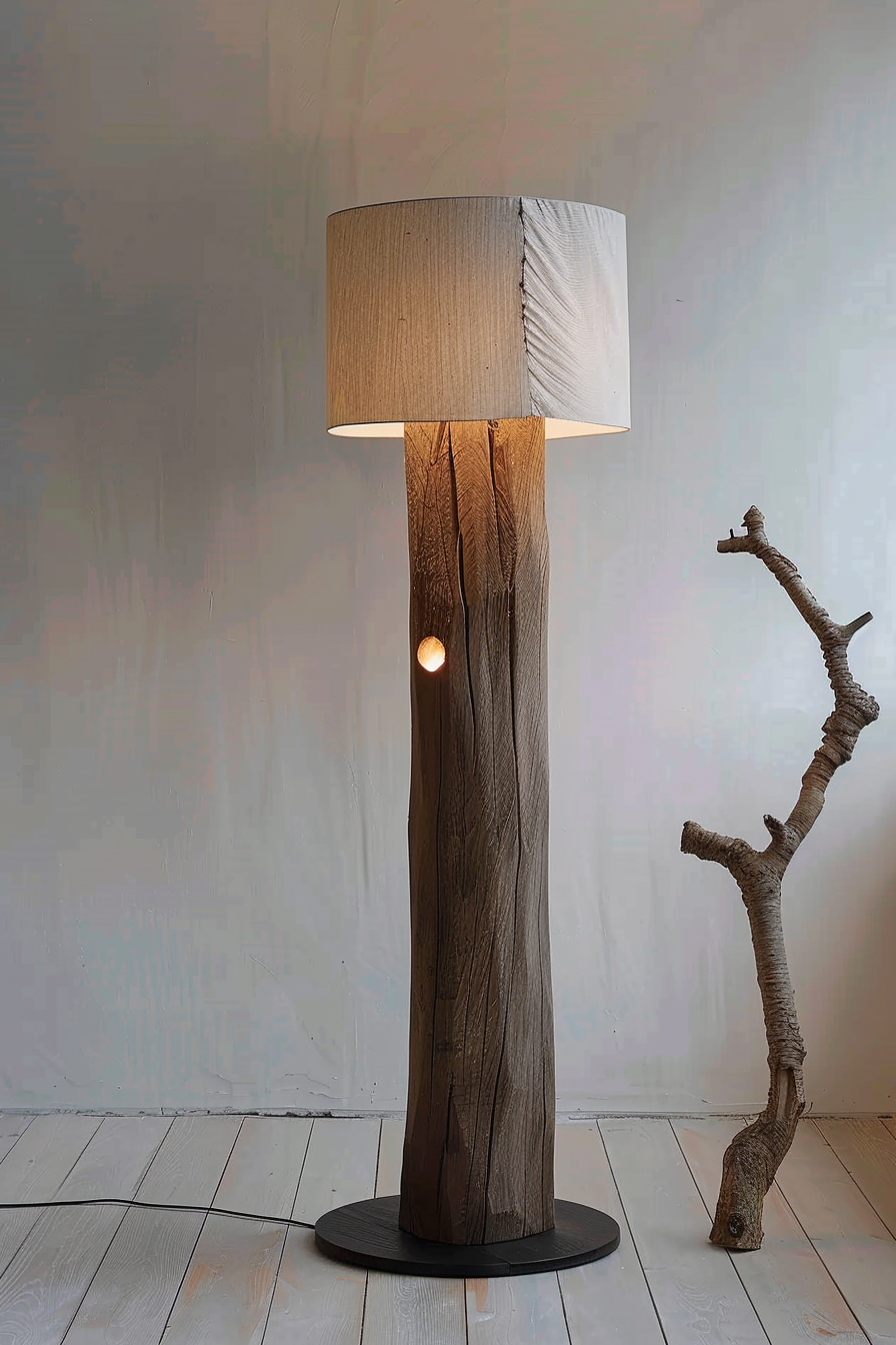 A floor lamp with a wooden base and a large cylindrical shade next to a branch, in a room with white flooring and a grey wall.