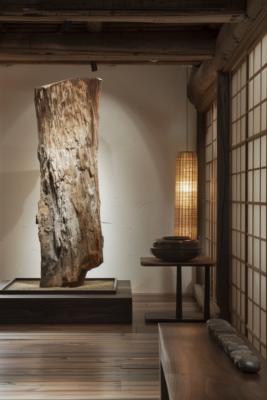 A tranquil Japanese-style interior with a large wooden art piece, a soft-glowing floor lamp, and minimalistic wooden furnishings.