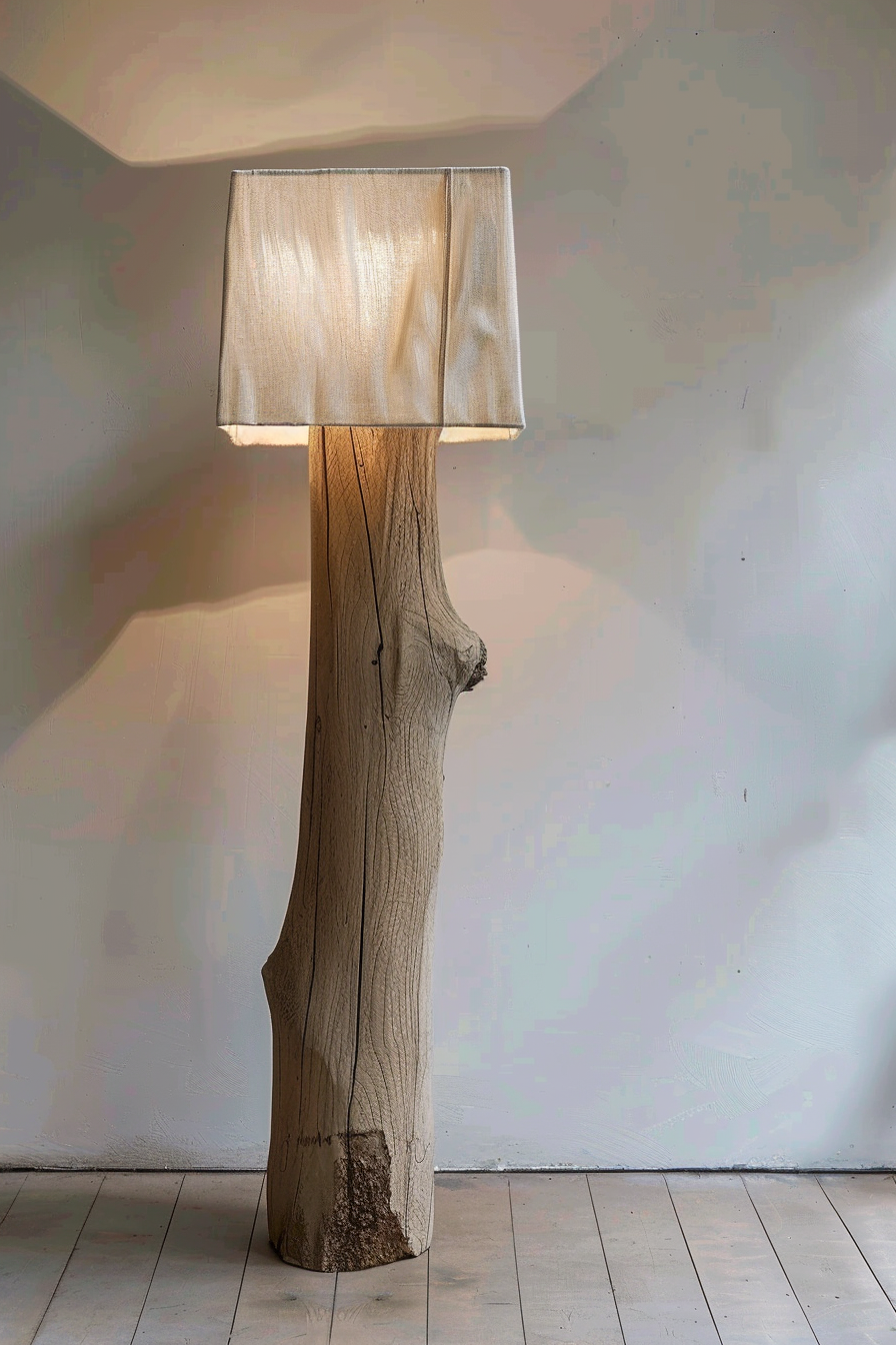 A unique floor lamp with a natural wooden base resembling a tree trunk and a square-shaped beige lampshade, lit and standing against a plain wall.