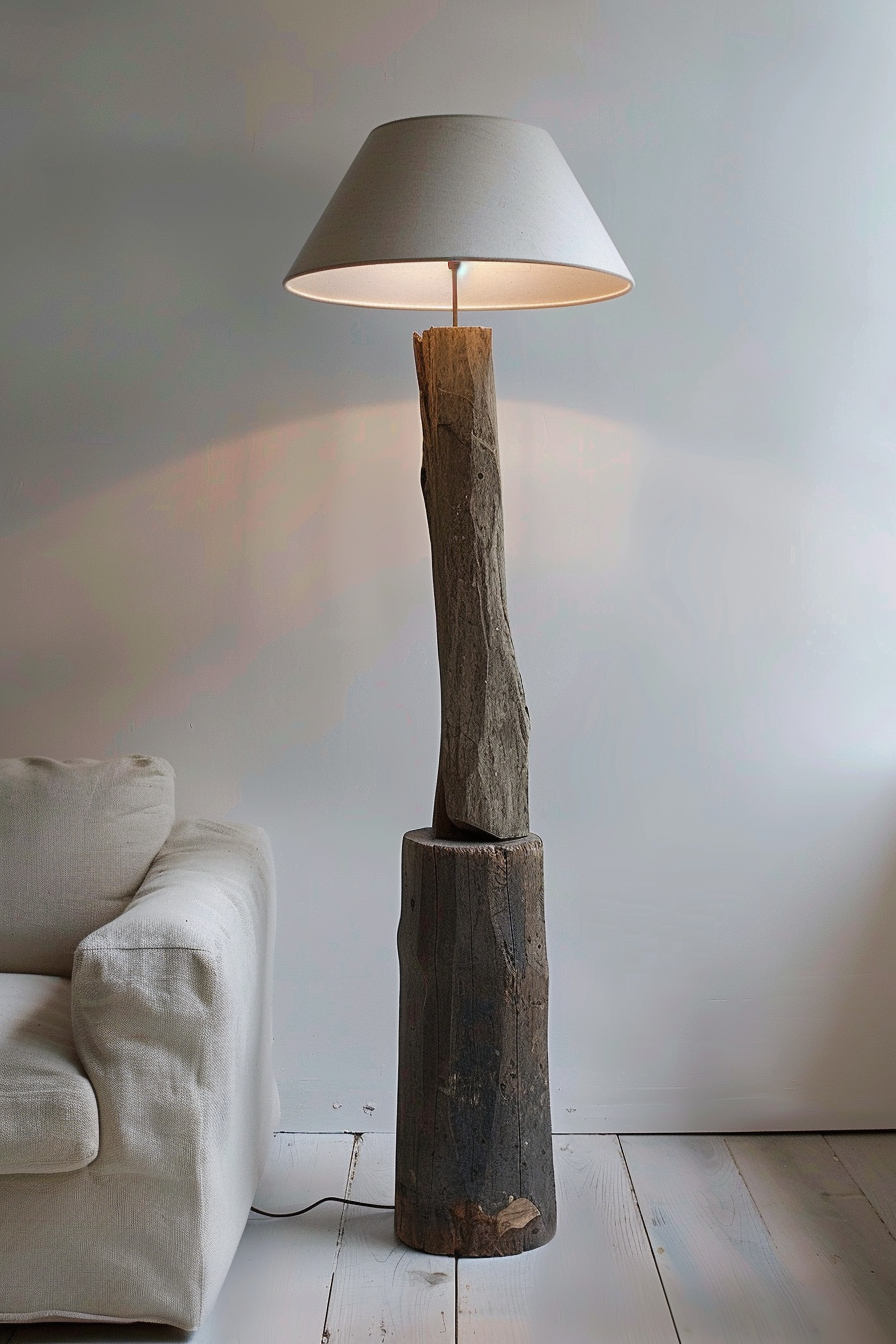 A floor lamp with a rustic design, featuring a base and stand made of natural logs, next to a cream sofa on a wooden floor.
