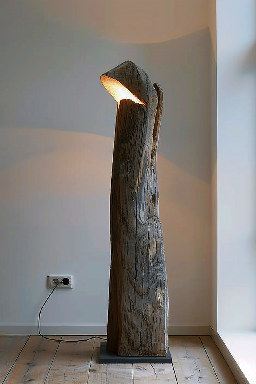 ALT text: A unique floor lamp designed to look like a hollowed, weathered tree trunk with a warm light emitting from the top, standing in a room corner.