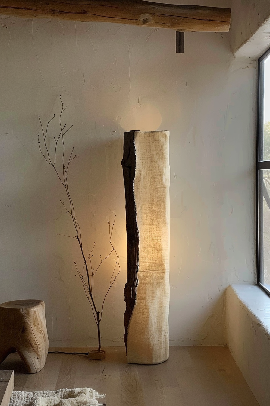 A minimalist room with a tall, illuminated fabric floor lamp next to a bare branch and a wooden stool, bathed in warm sunlight.