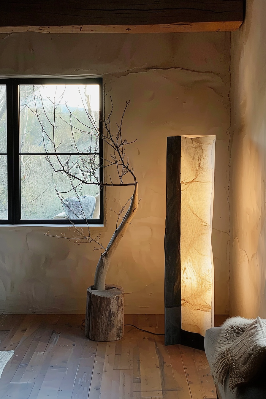 Rustic interior with a bare tree branch in a wooden base beside a tall illuminated floor lamp, near a window with outdoor view.