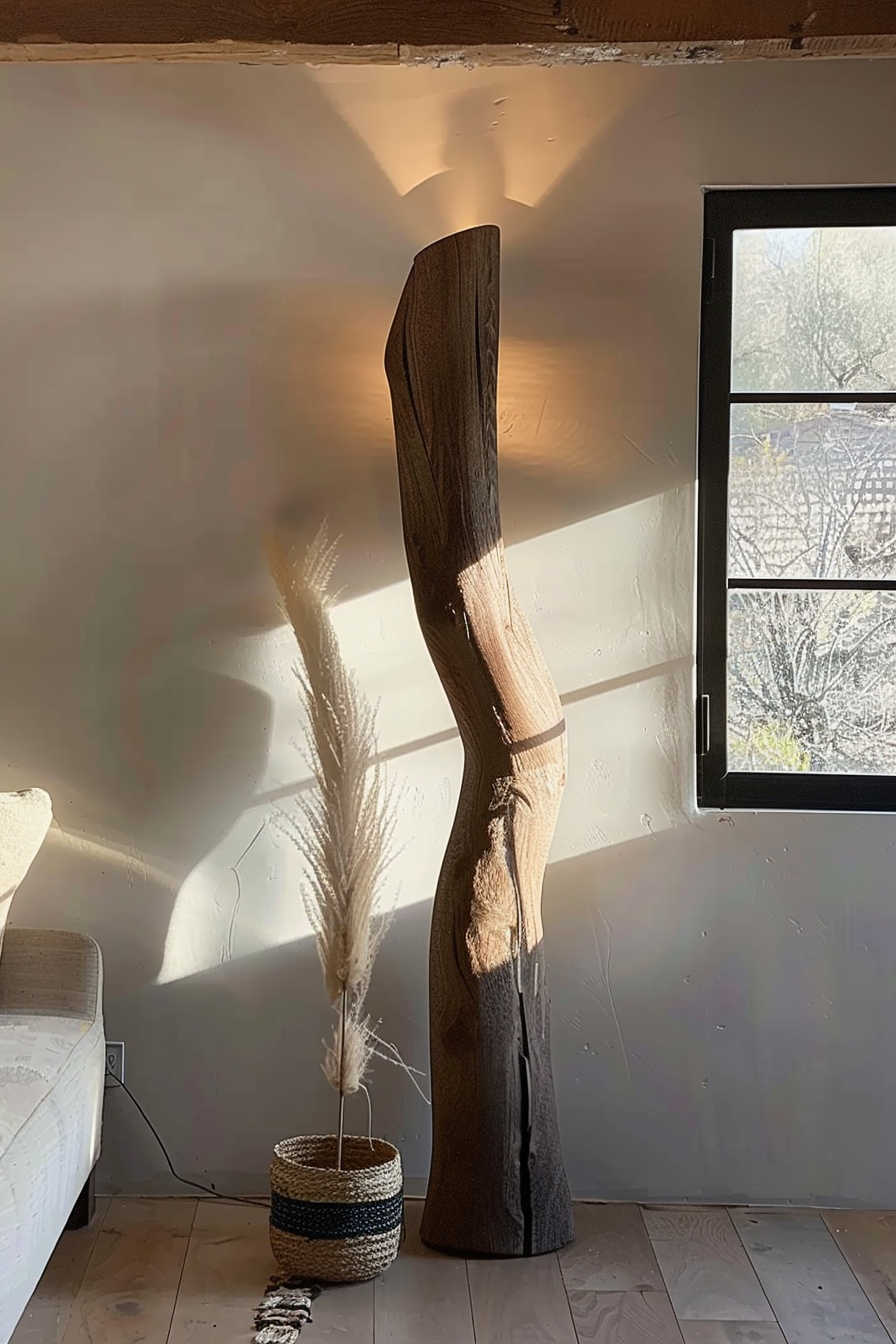 A modern room corner with a tall, twisted wooden sculpture beside a window casting shadows, and pampas grass in a woven basket.