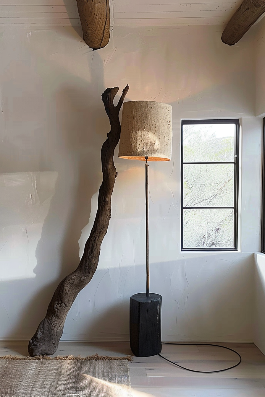 A floor lamp with a textured shade stands next to a window, with a twisted wooden sculpture leaning against a white wall.