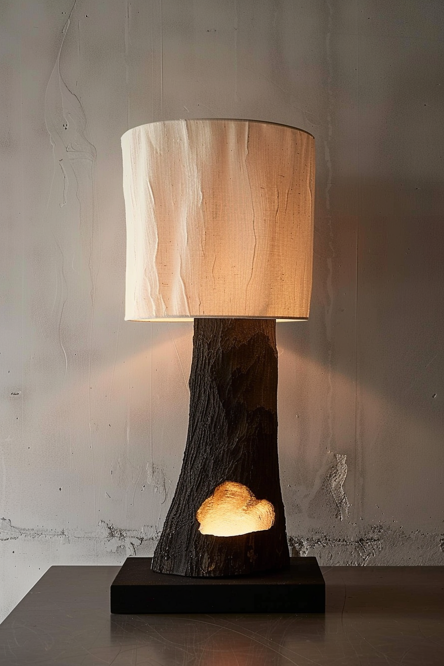 A unique table lamp with a rustic tree trunk base and a glowing hollow section, topped with a plain cylindrical shade.