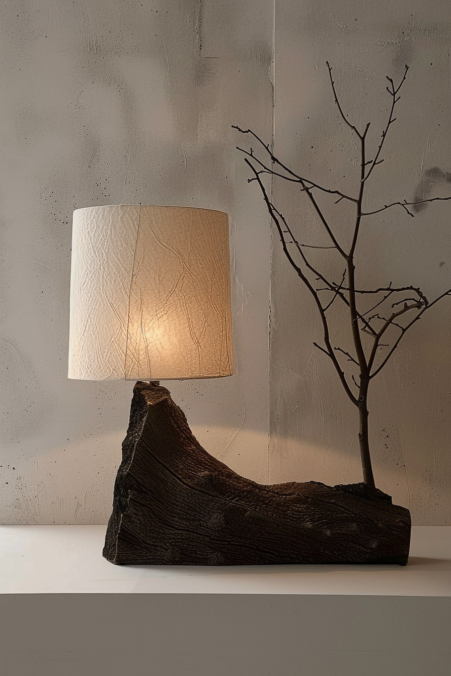 A unique table lamp with a shade sits atop a natural wooden base, accompanied by a bare tree branch, against a textured gray wall.