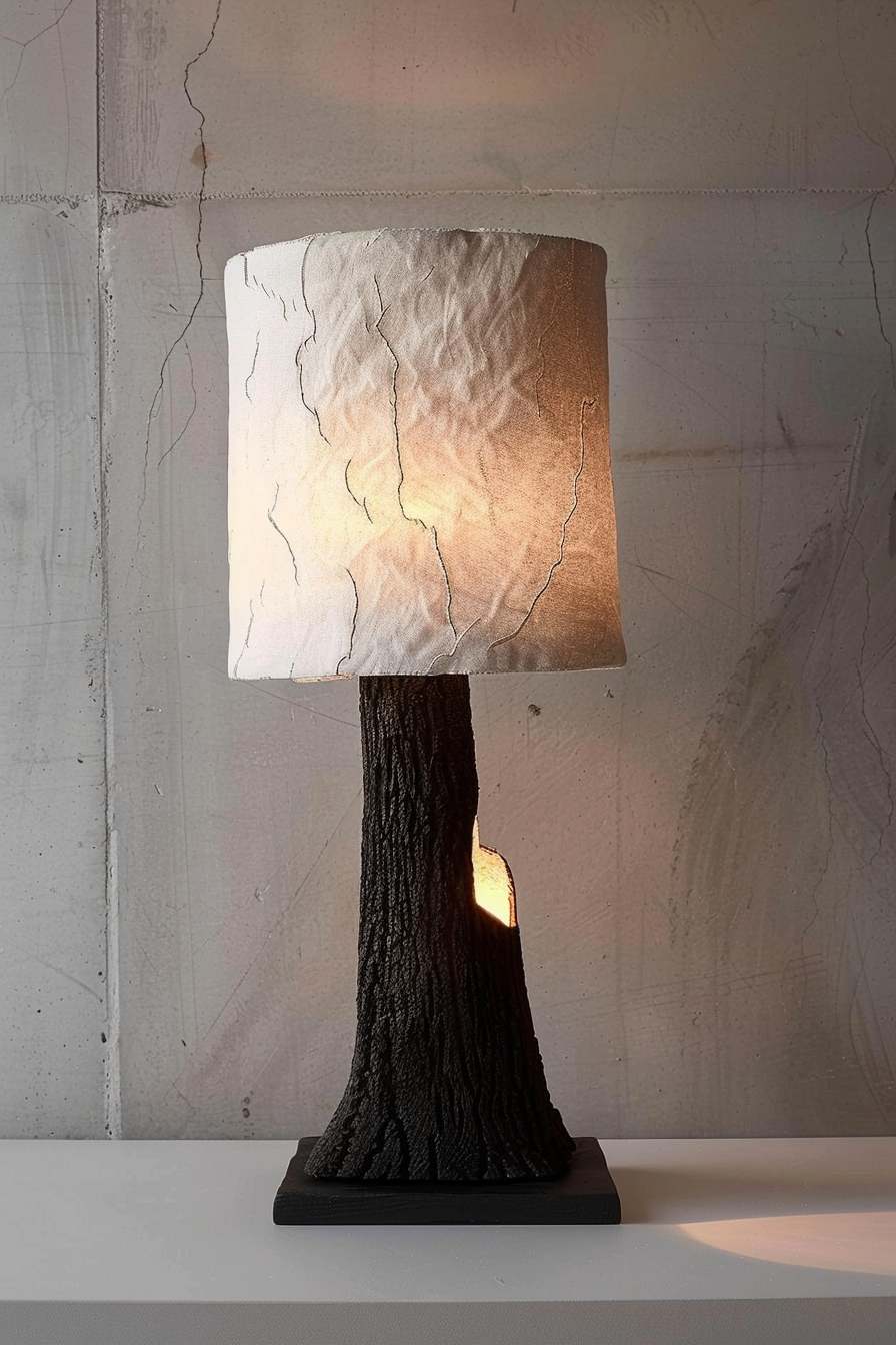 Alt text: A unique table lamp with a base resembling a tree trunk and a shade with crack-like patterns, casting a warm glow on a concrete background.