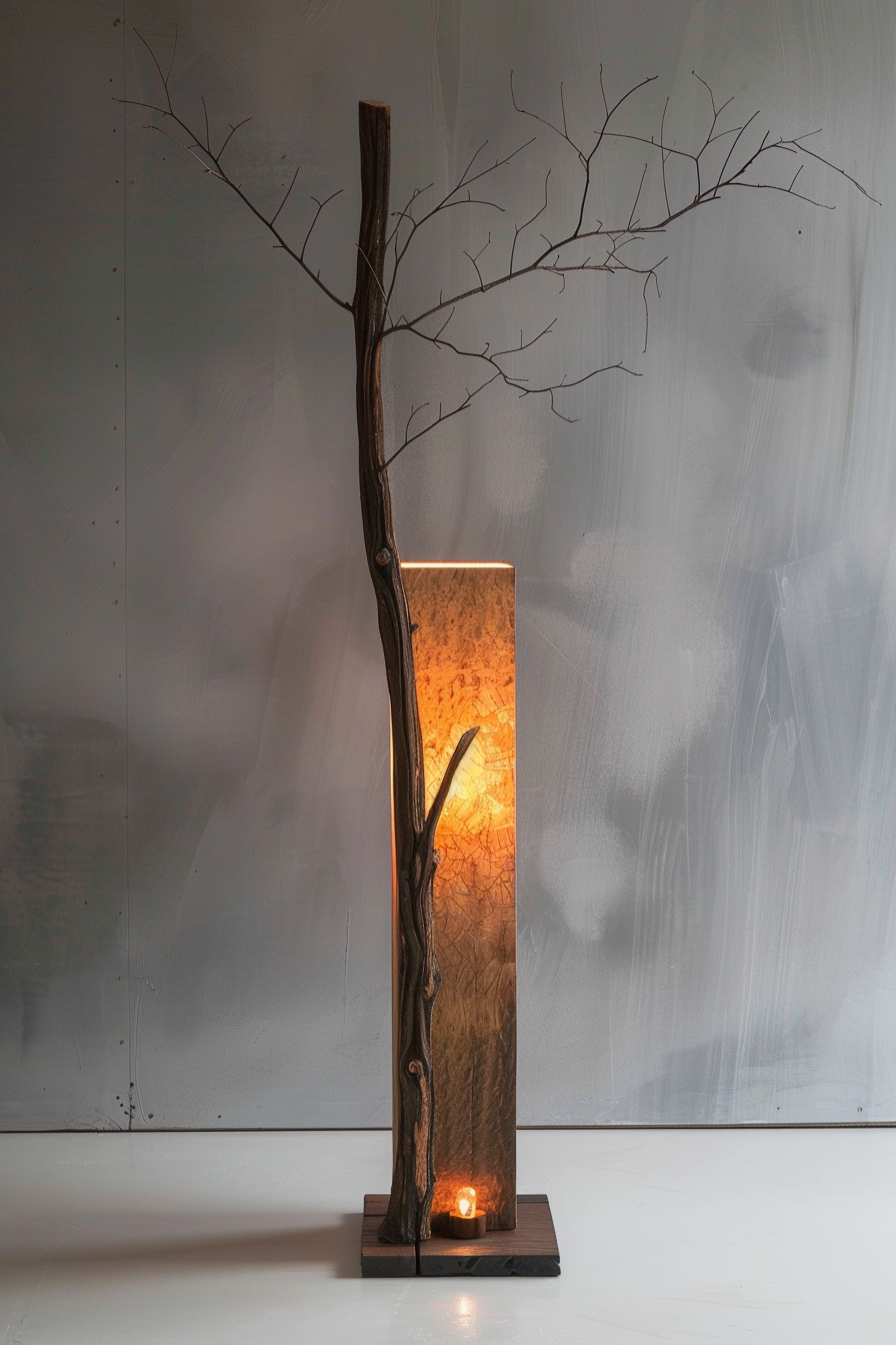 Artistic floor lamp resembling a tree trunk with branches, casting a warm glow against a grey backdrop.