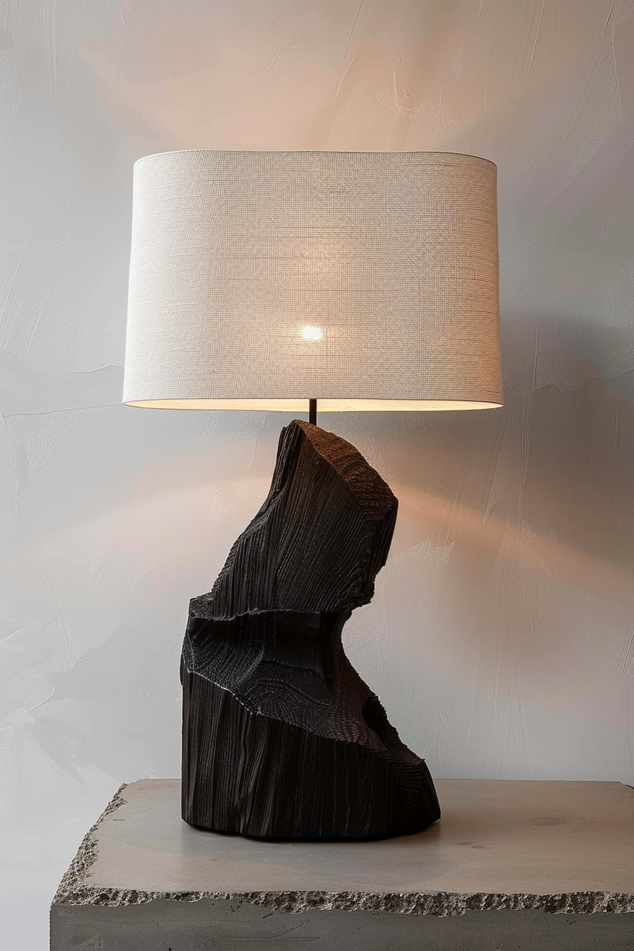A table lamp with a beige shade and a sculpted dark wooden base, resembling a rock formation, placed on a grey surface against a light wall.