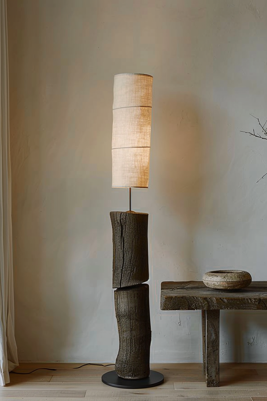 A rustic floor lamp with a textured tree-trunk base and a tall, cylindrical shade, beside a wooden bench with a stone bowl on it.