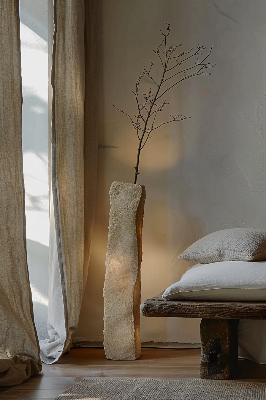 A cozy corner with a rustic bench, pillows, a unique floor lamp, sheer curtains, and a bare branch in a minimalist room.