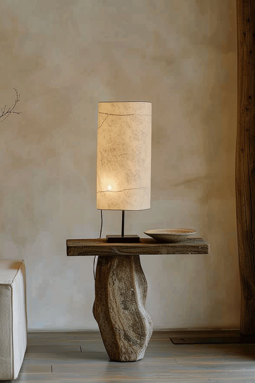 A lit table lamp with a rectangular shade on a rustic wooden console table, supported by a sculpted stone base, against a neutral wall.