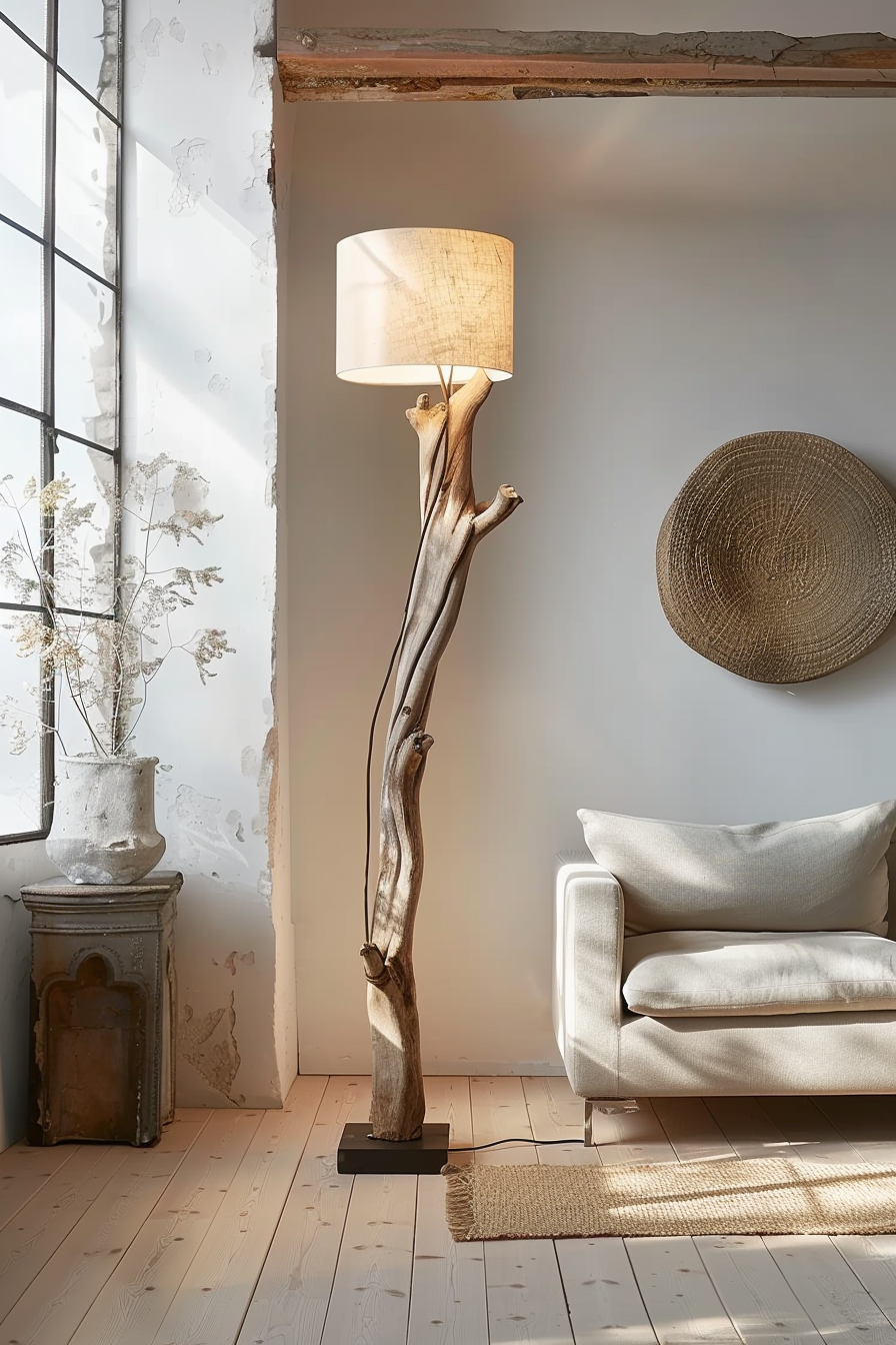 A cozy corner featuring a unique floor lamp with a natural wood base, next to an off-white sofa and rustic vase on wooden flooring.