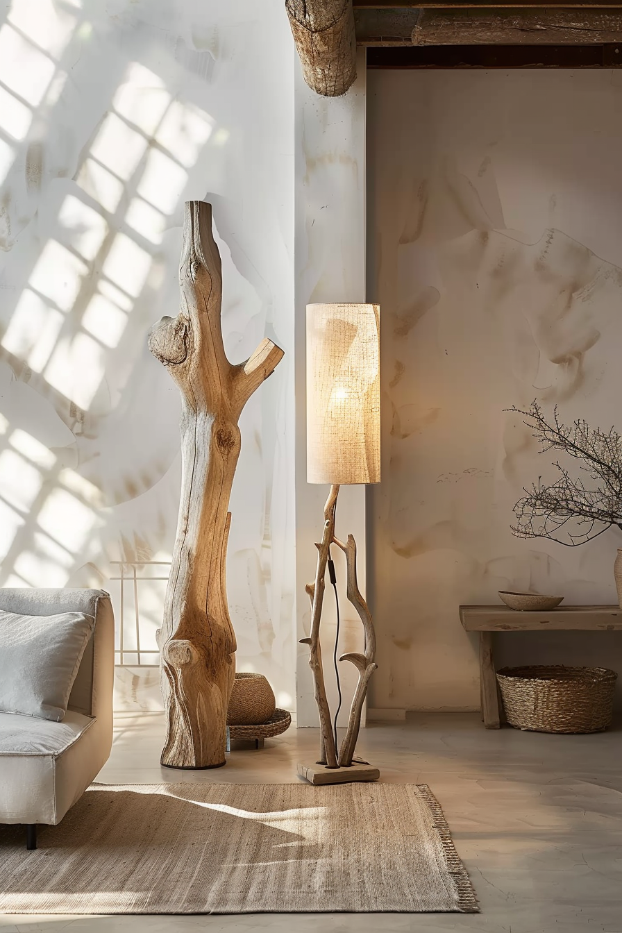 A cozy room with natural decor, featuring a large wooden sculpture, a floor lamp with a warm glow, and a comfortable chair.