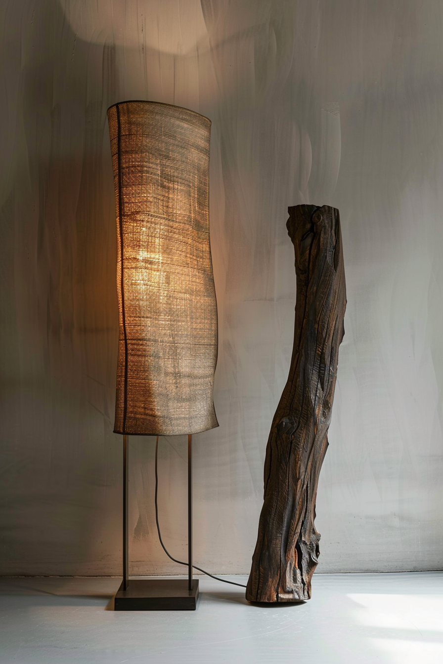 A floor lamp with a curved woven shade and a unique twisted wooden base, casting a warm glow against a soft background.