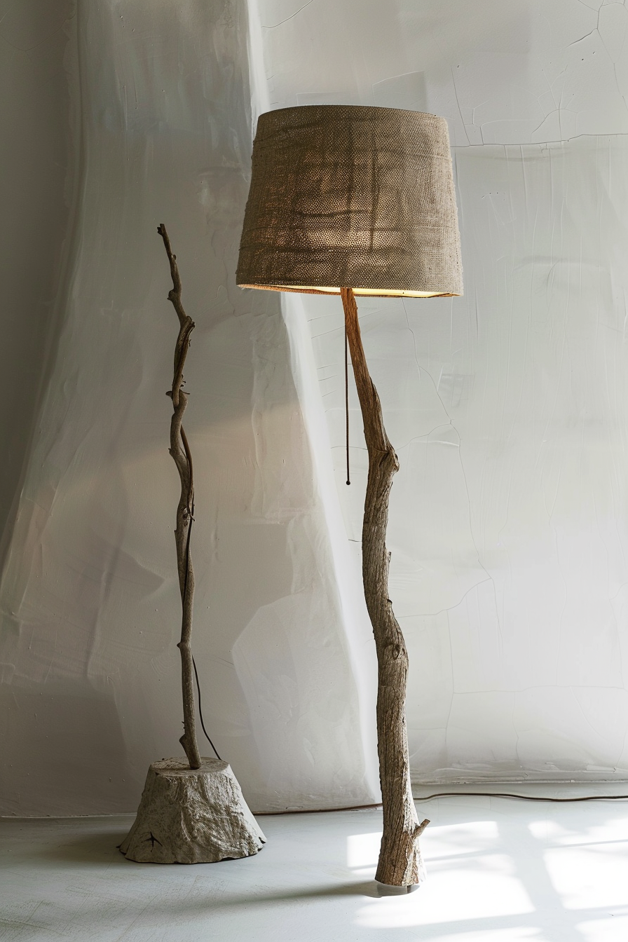 ALT text: A unique floor lamp with a burlap shade, mounted on an organic, twisted wooden branch, set against a light textured background.