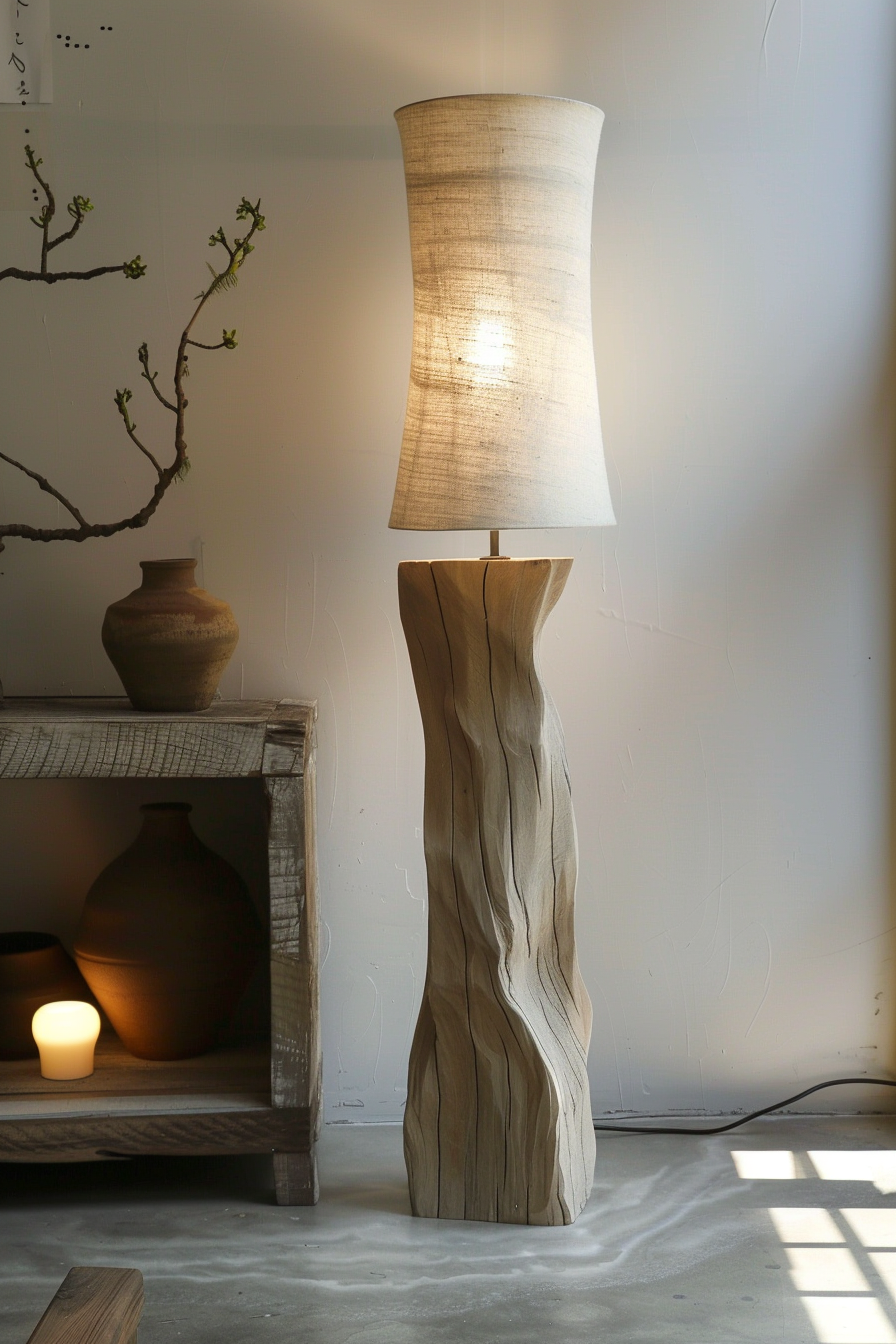 A tall floor lamp with a textured wooden base and a lit beige lampshade in a cozy room with a branch and pottery decor.