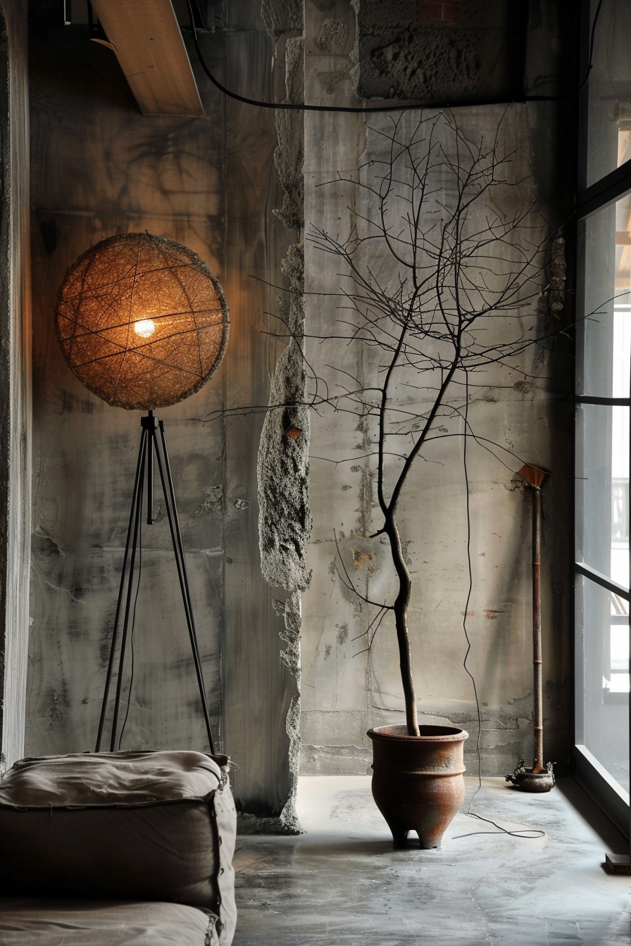 ALT: A cozy corner with a worn leather armchair, floor lamp with a round shade, and a leafless tree in a pot beside a large window with concrete walls.