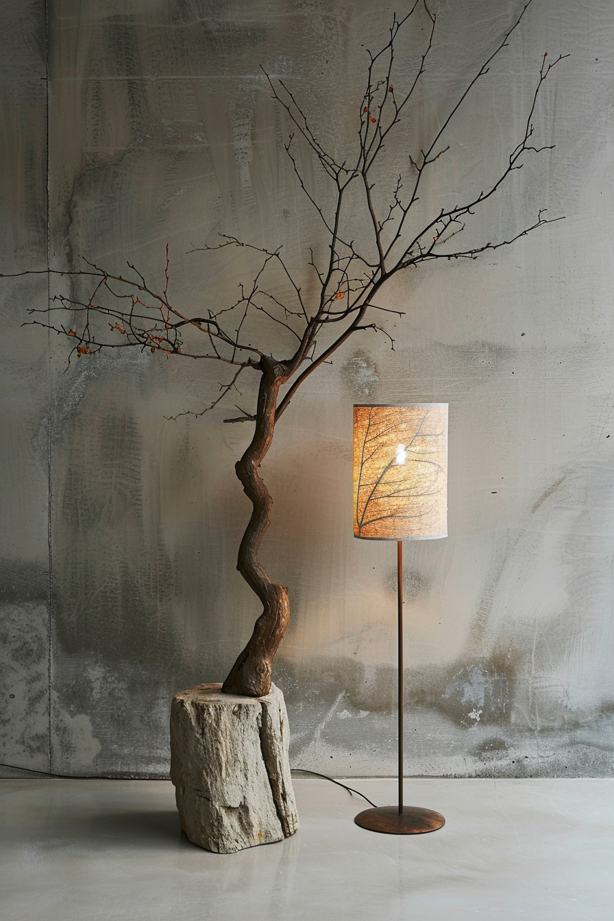 ALT: A bare twisted tree branch with a few orange leaves stands on a concrete stump beside a floor lamp with a translucent, leaf-patterned shade.