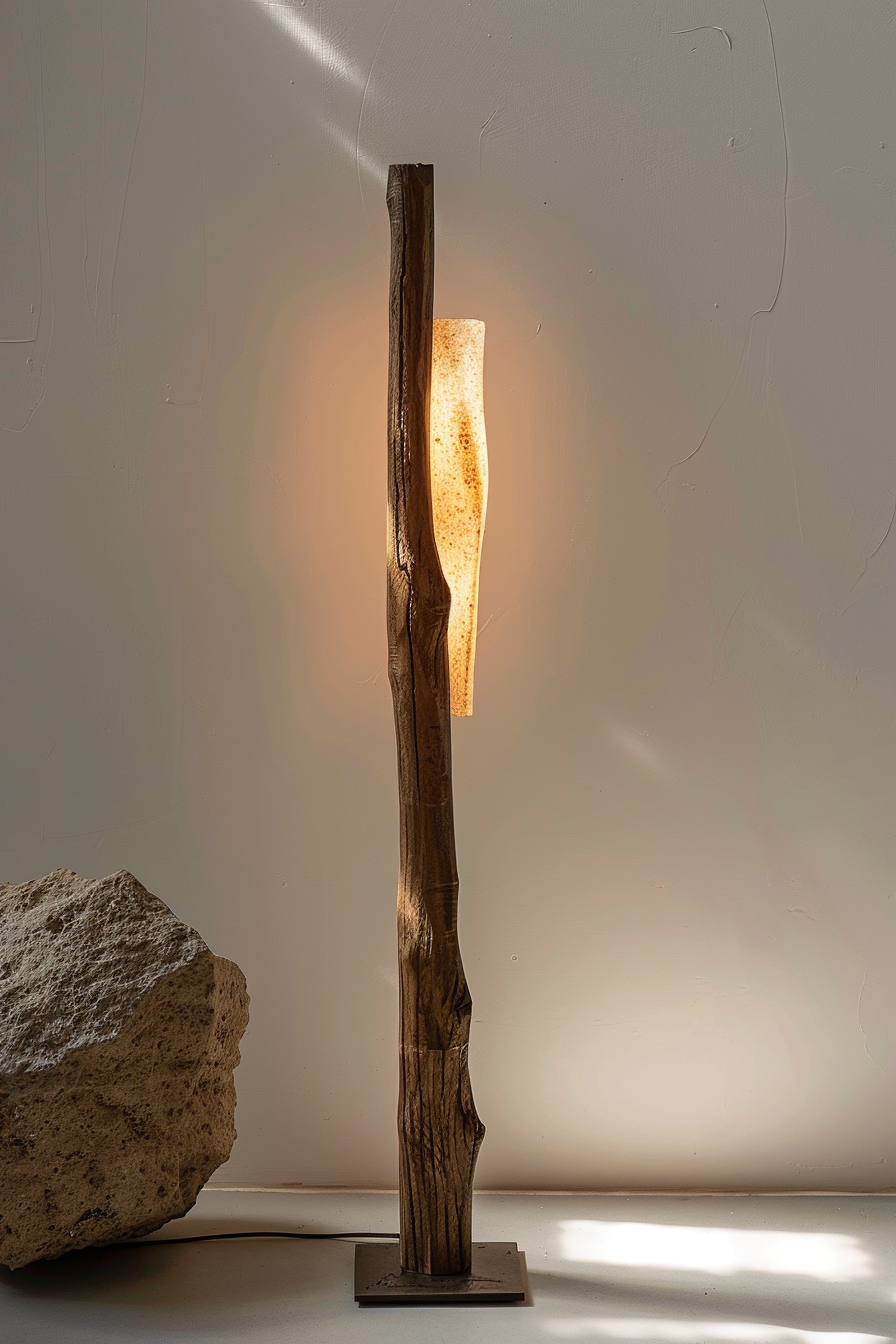 A rustic wooden floor lamp with a warm light illuminating through its cracked surface next to a large rock.