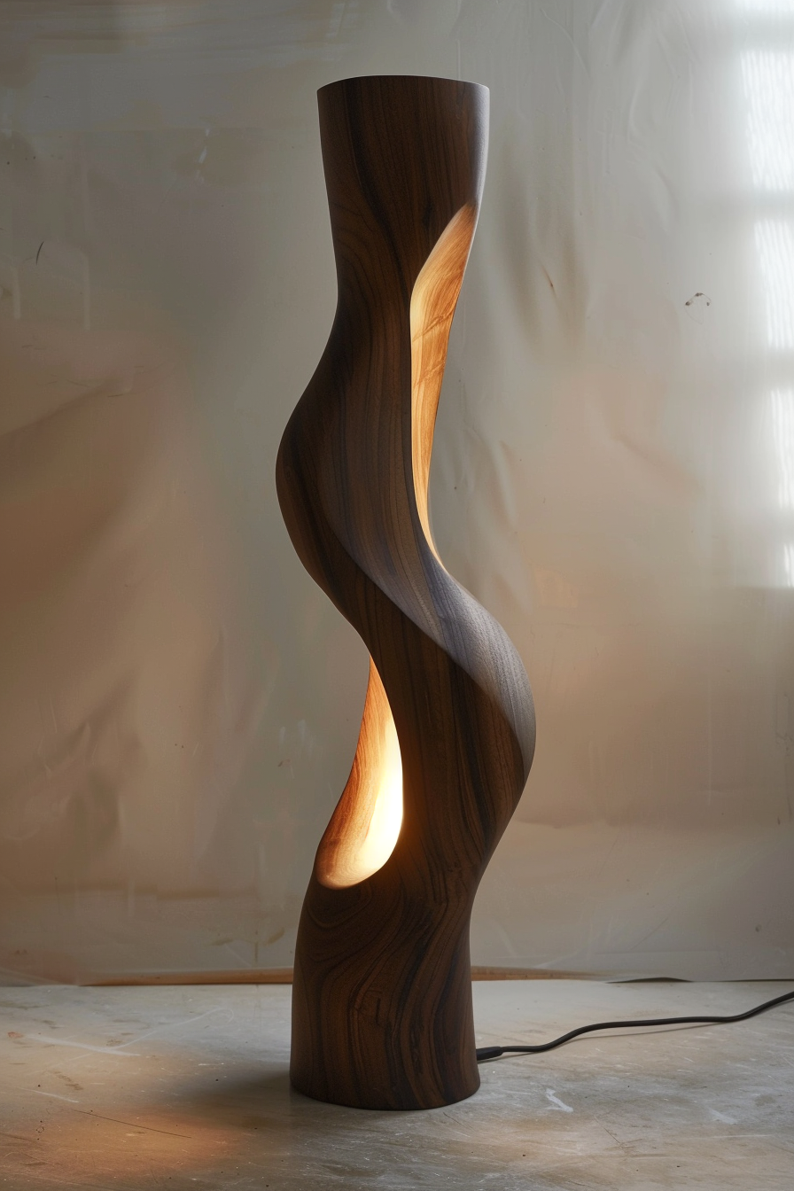A twisted wooden floor lamp with a warm light glowing from a cutout, standing against a neutral backdrop.