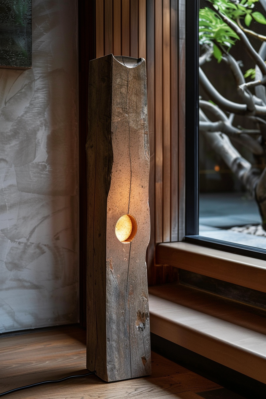 A rustic wooden floor lamp with a warm glowing orb positioned at a window, casting a cozy light in a tranquil indoor setting.
