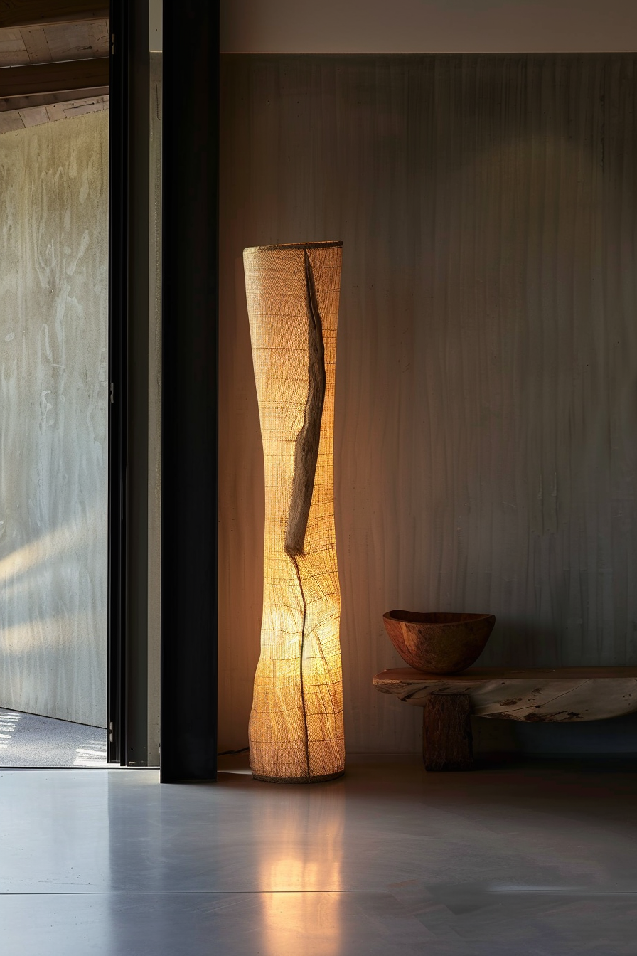 Tall, illuminated woven floor lamp casting a warm glow against a textured wall next to a wooden bowl on a rustic bench.